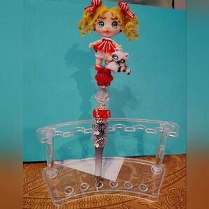Handcrafted Red Doll Top Pen with Rhinestone Accents